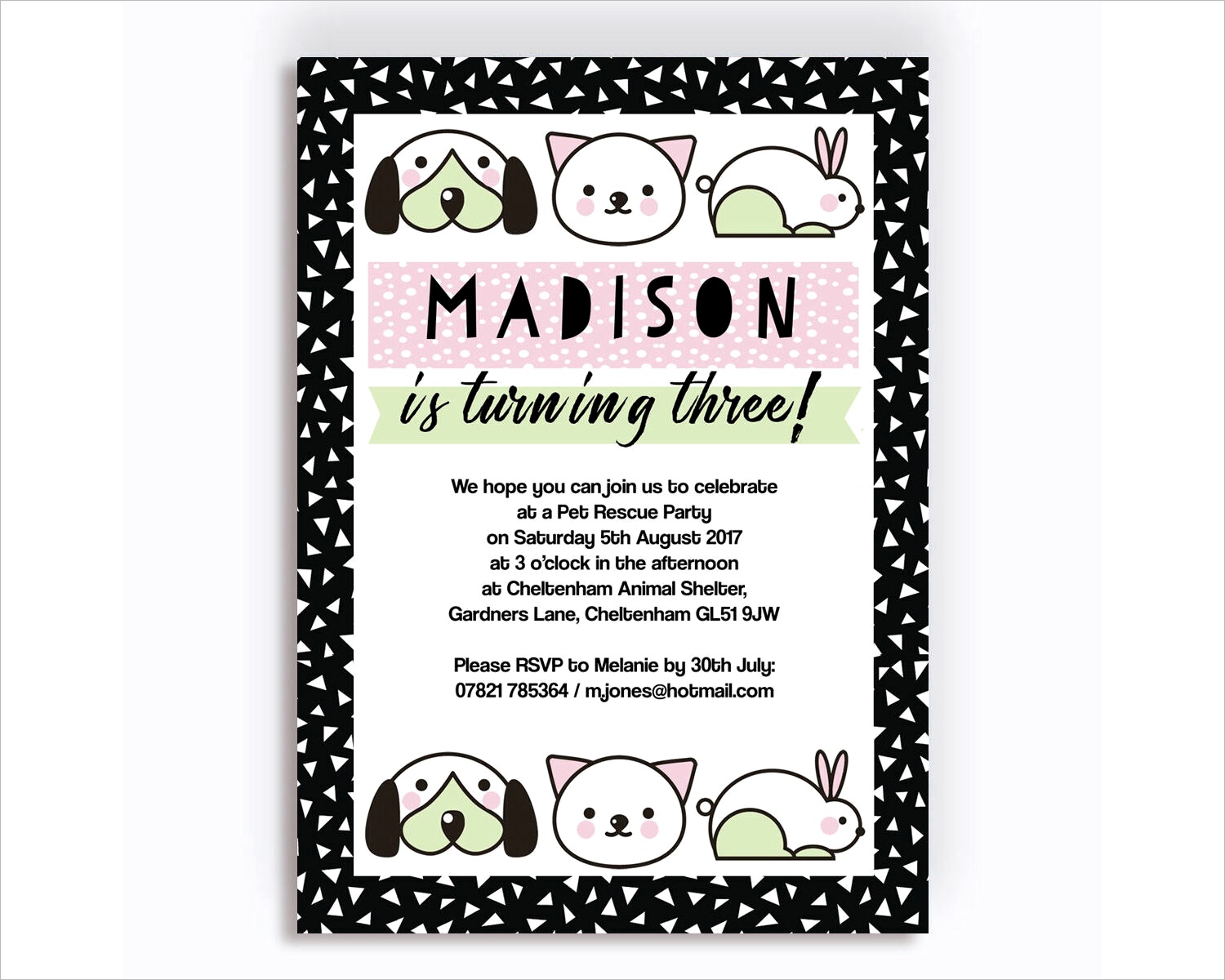 pet rescue birthday party invitation pink