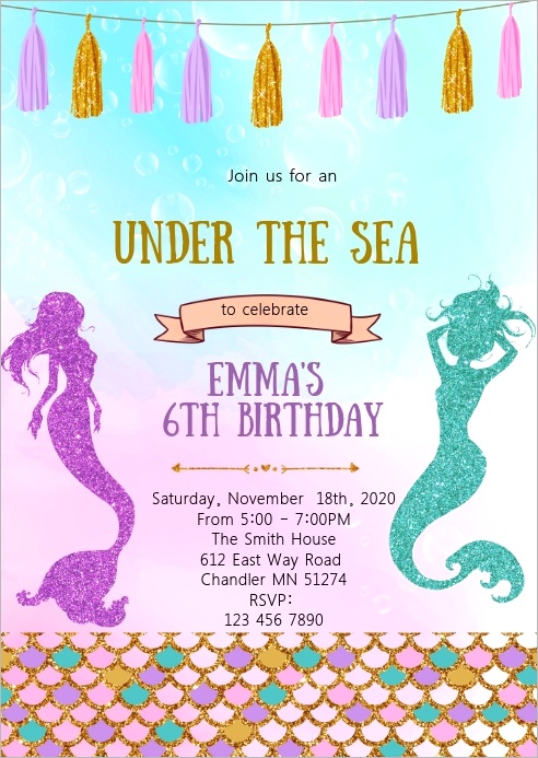 mermaid birthday party invitation design template