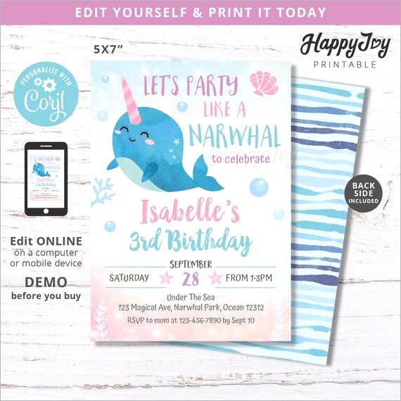 narwhal girls pool party invitation magical