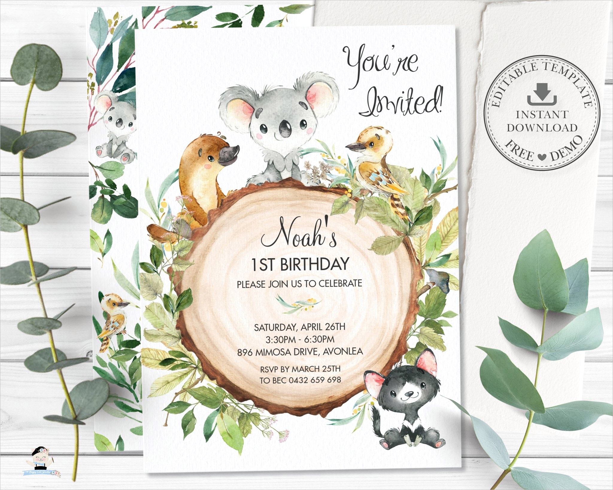 australian animals koala platypus birthday party invitation editable template digital printable file instant au1