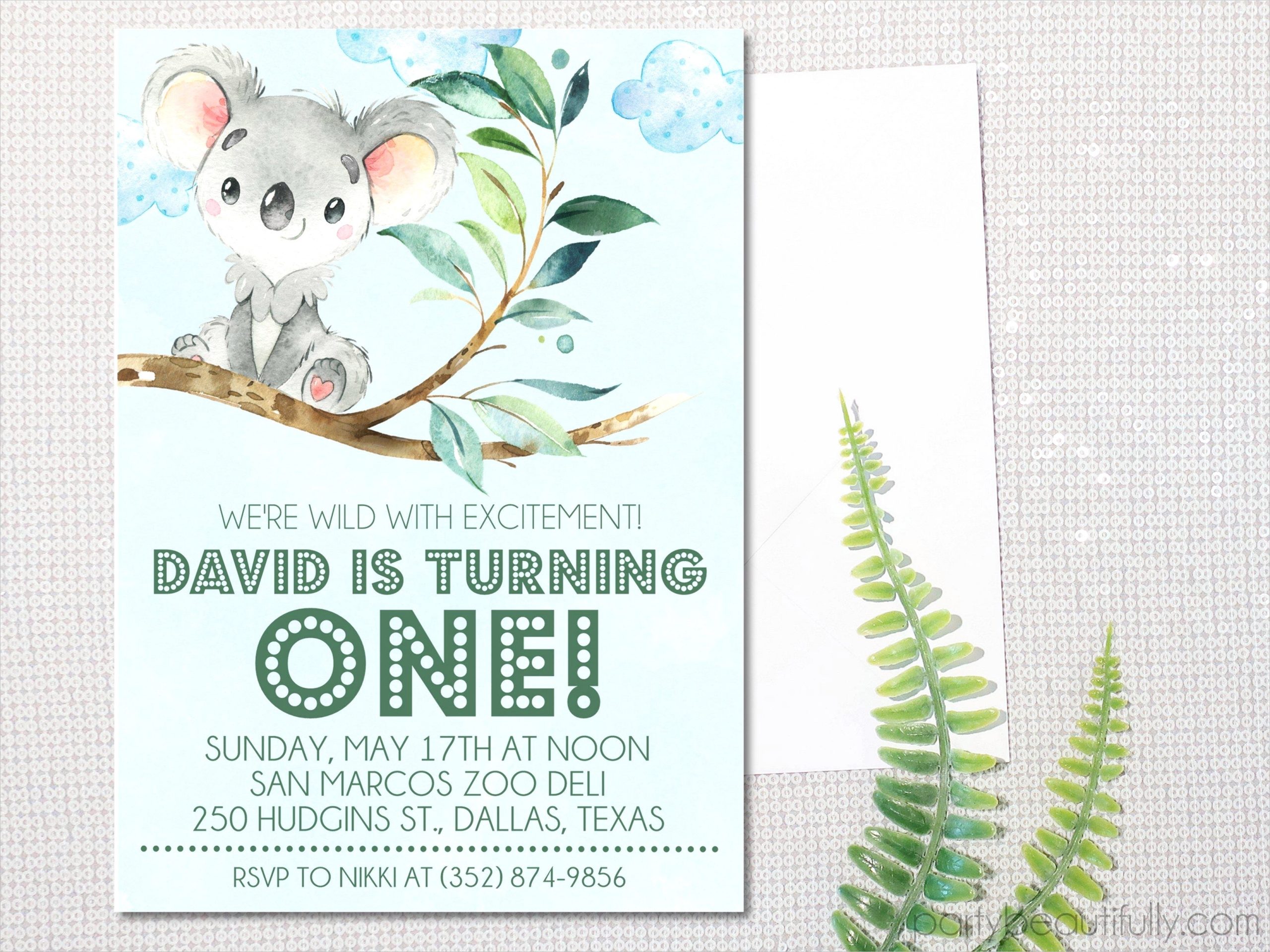 gender neutral koala 1st birthday party invitations