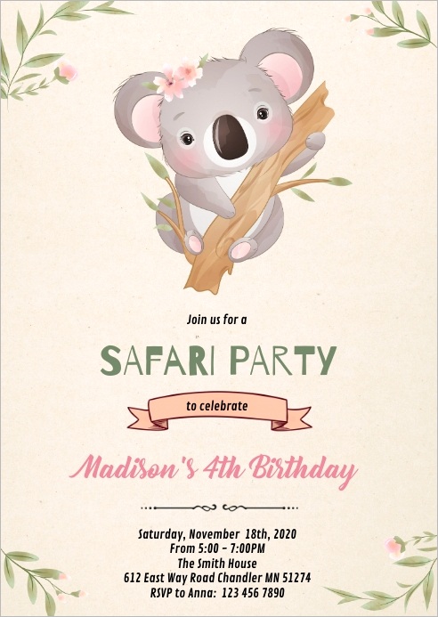 koala birthday shower invitation design template