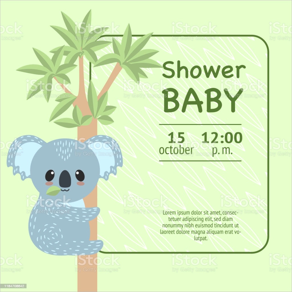 koala on eucalyptus tree green background invitation card template design for baby gm