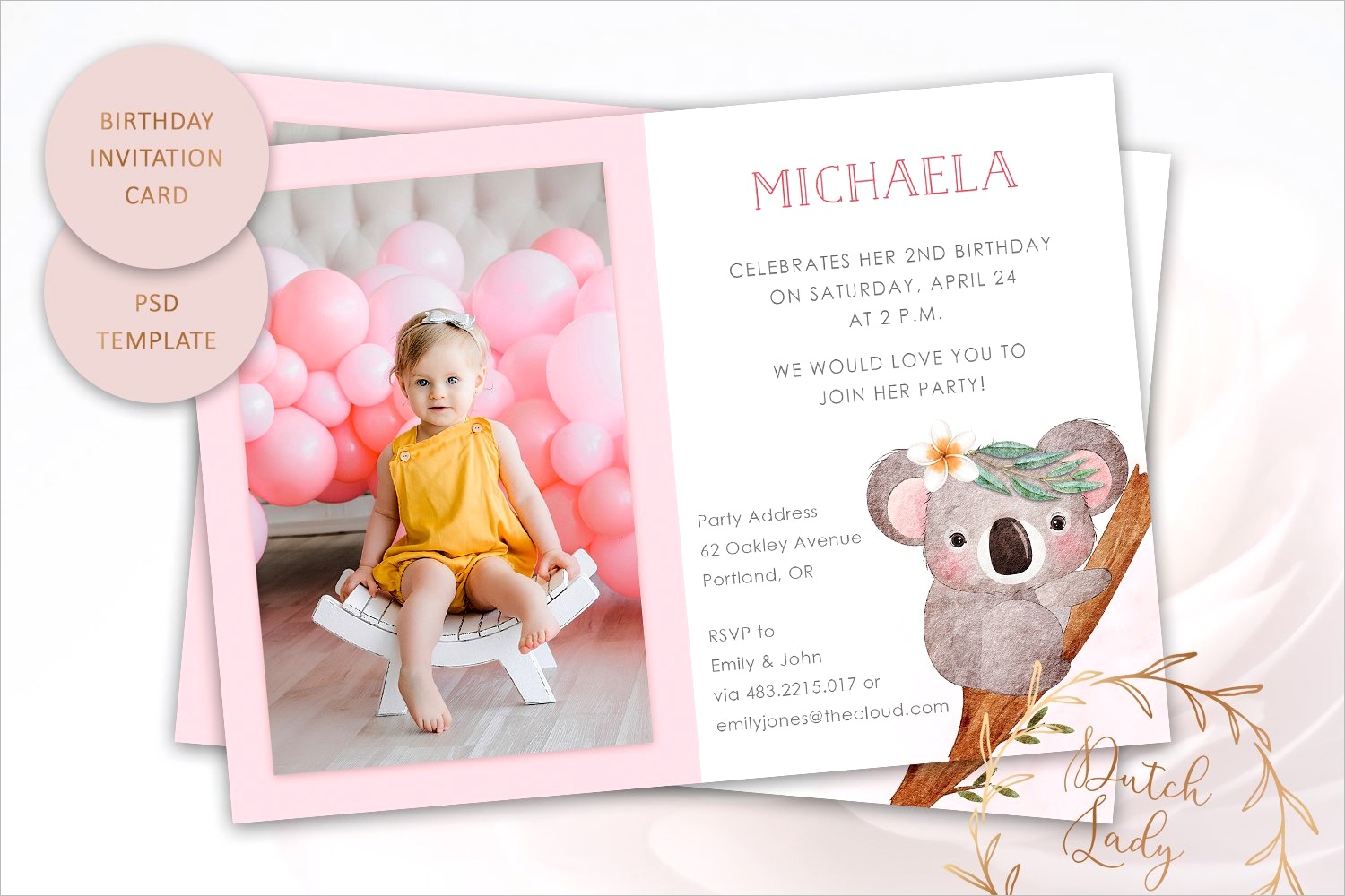 psd party invitation photo card cute koala design
