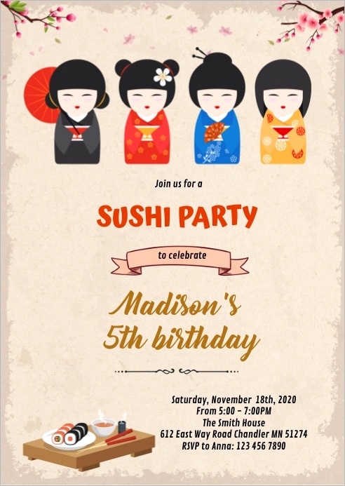 japanese doll and sushi birthday invitation design template