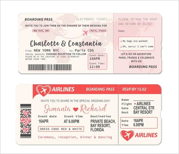boarding pass ticket wedding invitation template with airplane drawing heart world map during flight wedding ceremony invitation layout as airline travel ticket with rsvp perforated section m