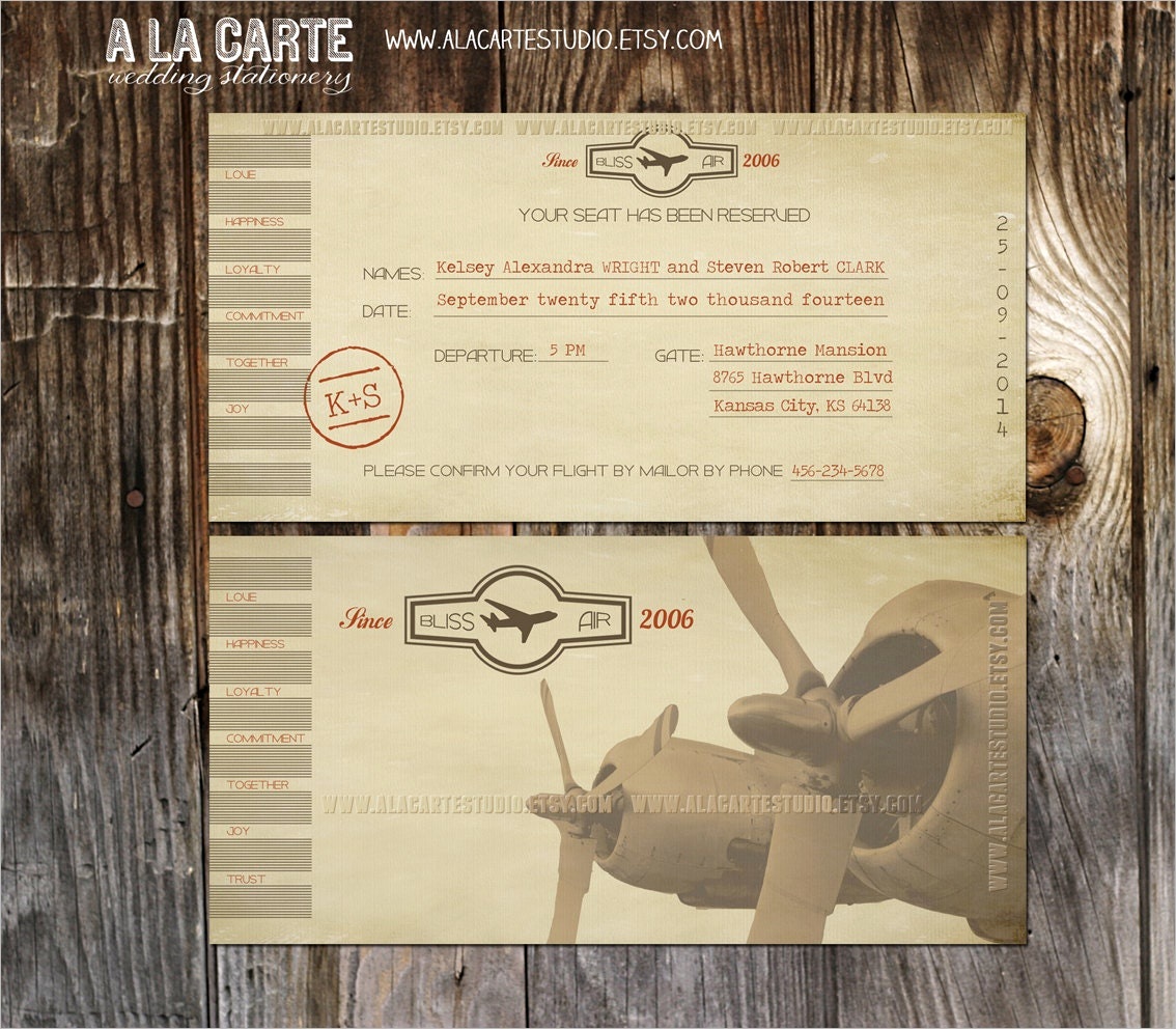 vintage airline ticket invitation destination wedding invitation rustic wedding