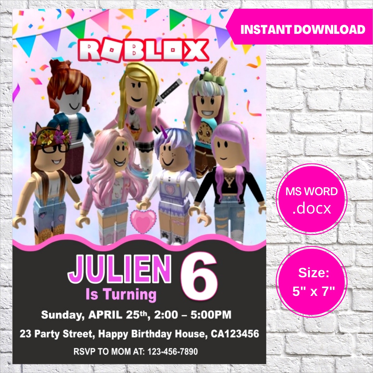Roblox Game Girls Birthday Invitation Template p