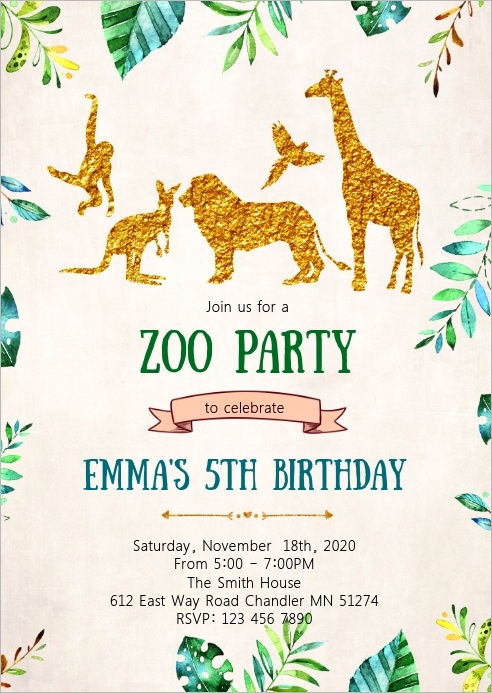 gold animals zoo birthday party invitation design template