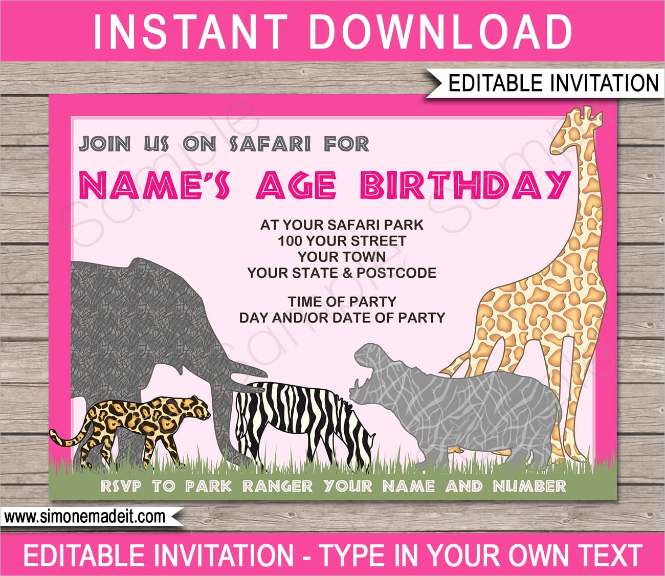 animal safari zoo party invitations pink