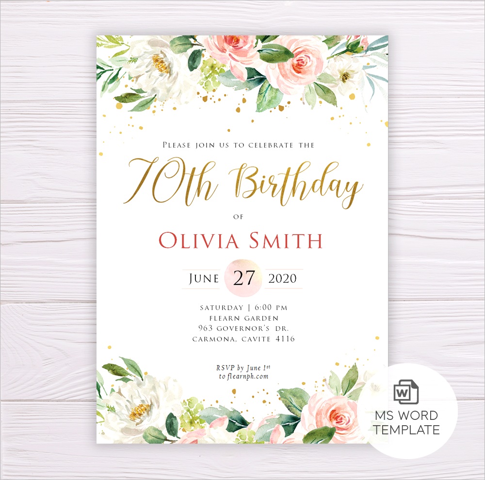 watercolor blush flowers gold 70th birthday invitation template