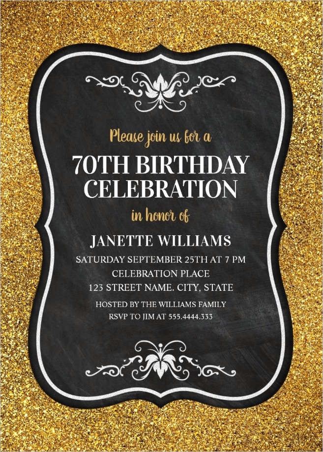 glitter adult 70th birthday party invitations chalkboard gold invitation templates