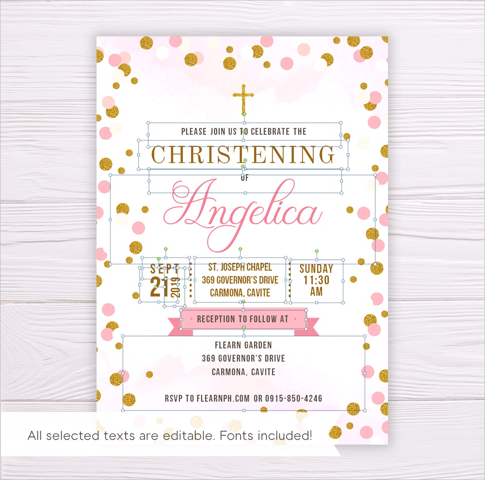 pink and gold dots christening invitation template