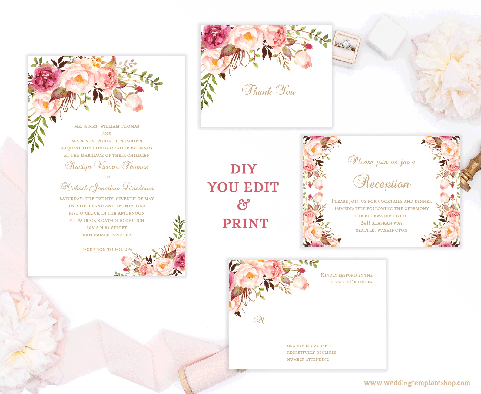 printable wedding invitation templates set romantic blossoms