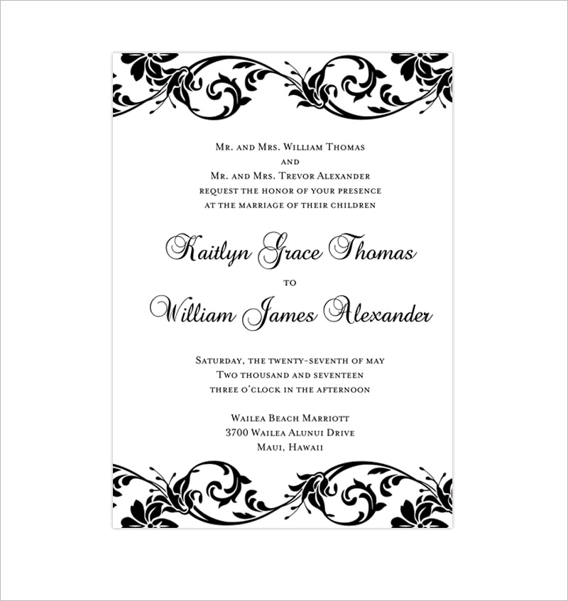 tropical damask wedding invitation black white
